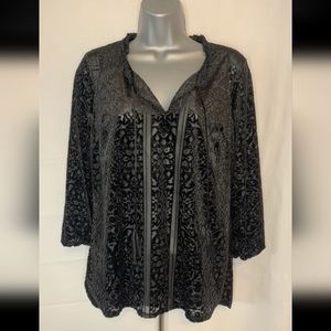 New Directions Black Velvet Sheer 3/4 Sleeve Blouse W/ Tassels Womens Sm…